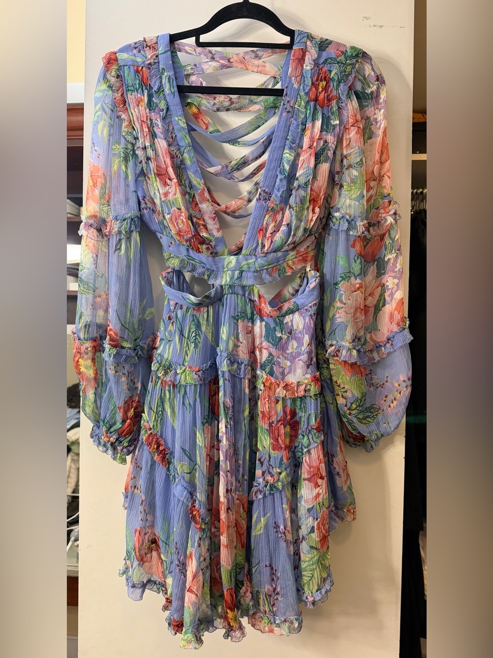 ZIMMERMAN Blue/Pink Floral Mini Dress with Cutouts